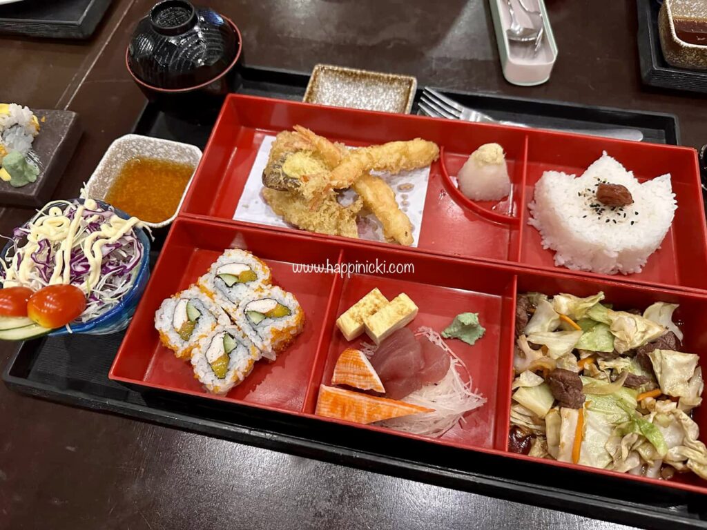 chiba, japanese restaurant, bento, bento box, california maki, tamago, tempura, yasai itame