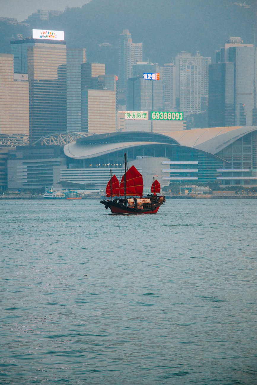 traditional chinese junkboat at the victoria harbor in hongkong china